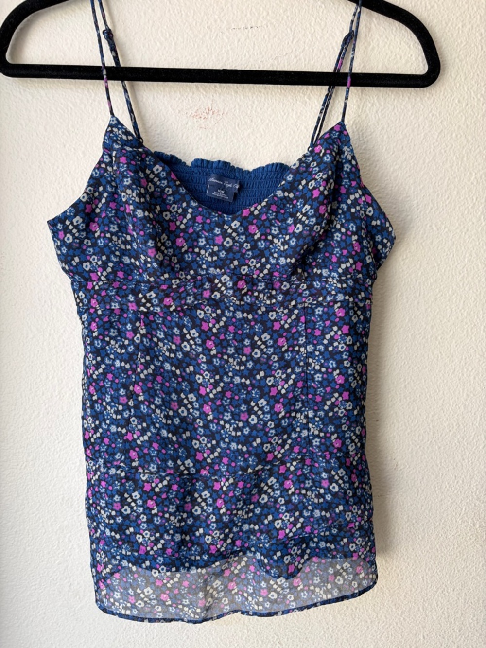 Y2K American Eagle Blue & Purple Floral Tiered Cami Top Size M Adjustable Straps